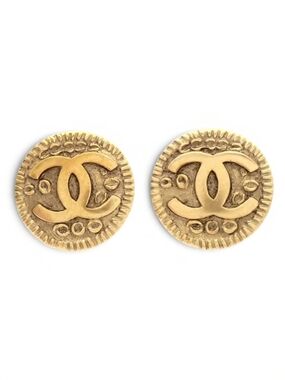 CHANEL Coco Earrings Gold Plated CC Emblem Coin Clip On Vintage
